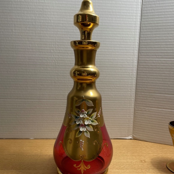 Bohemian Czech Ruby Red Gold Gilt Crystal Decanter & 4 Glasses Enamel Flowers - Picture 2 of 15